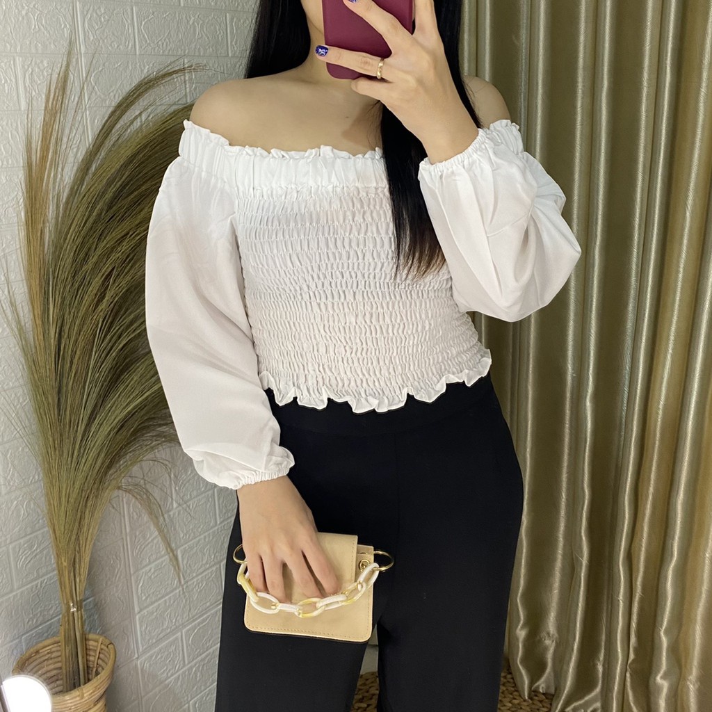 WSE390 - Blouse Smoke Bubble Blus Atasan Wanita Model Smok Kerut Full Satu Badan Moscrepe PREMIUM UK L-XL LD 100-105 CM PJ 50 CM PREMIUM QUALITY