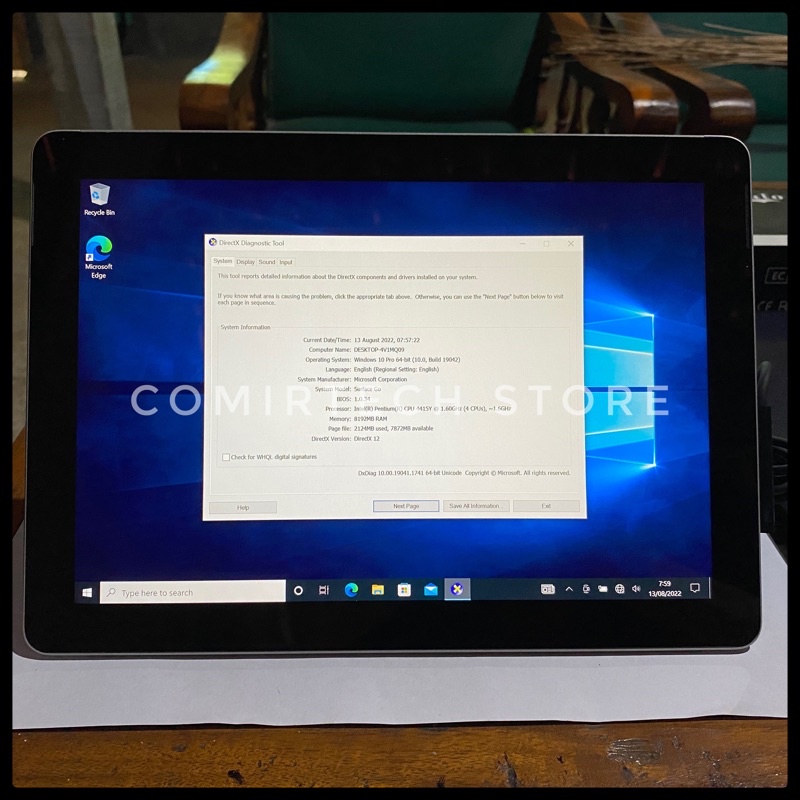 Tablet Microsoft Surface Go RAM 8 GB SSD 128 GB Windows 10 Pro