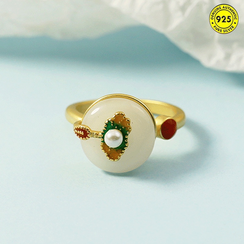 Pearl Lotus Leaf Ancient Style Inlaid Hetian Jade Peace Buckle Chinese Style Painted Ring