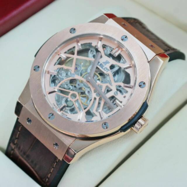 Jam Tangan Pria Hublot Automatic Rose Gold Leather Brown Premium AAA+