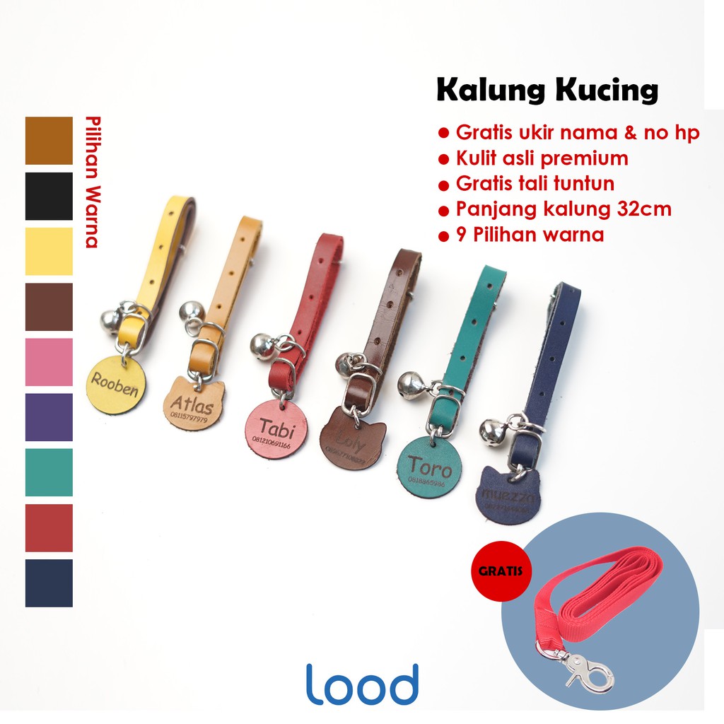 LOOD KALUNG KUCING KULIT LIONTIN KEPALA KUCING / GRATIS UKIR NAMA