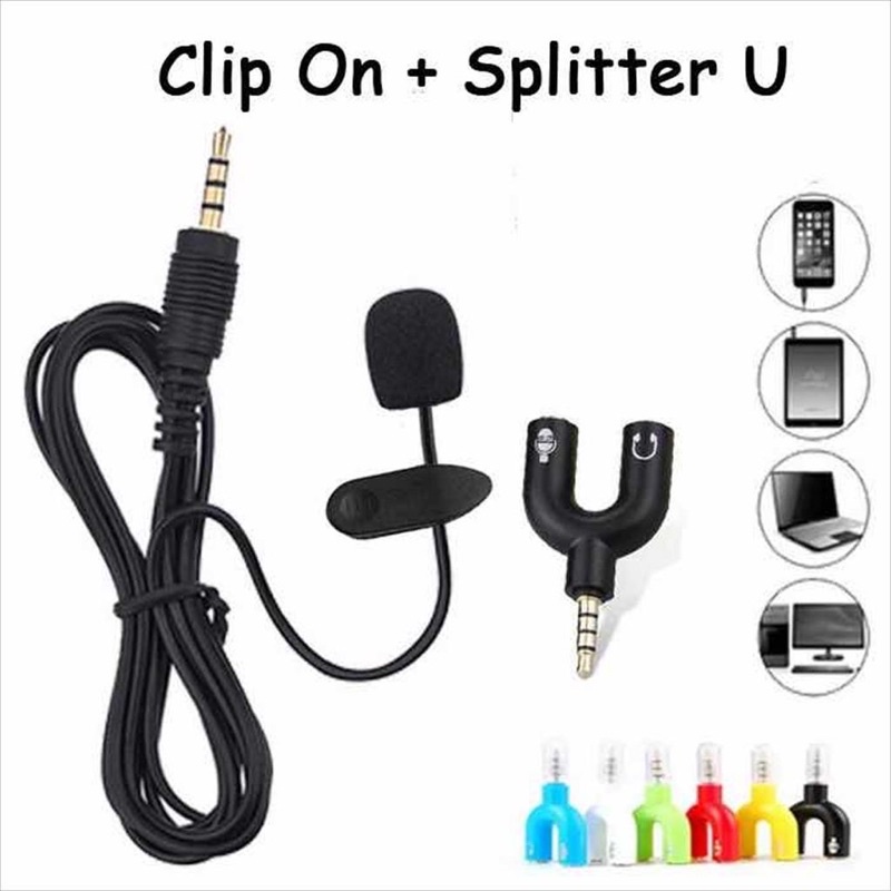 ( Paket hemat ) Mic Clip On + Audio Splitter U Adapter / Microphone External for HP / Laptop / PC