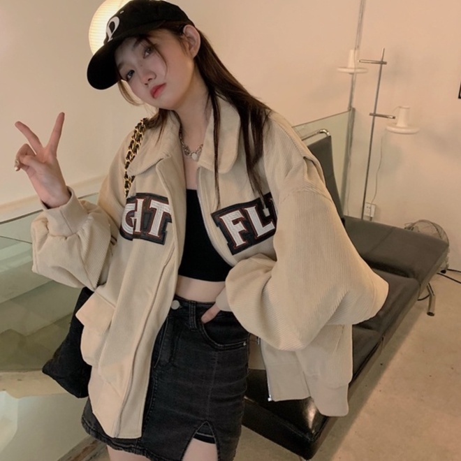 jaket korduroi pendek retro wanita loose casual import korean style jaket hitam baseball wanita