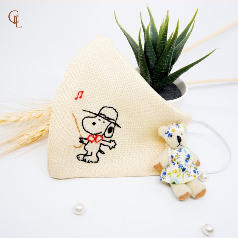 Masker Sulam Snoopy Kain Linen Kuning Charalo - Embroidery Mask