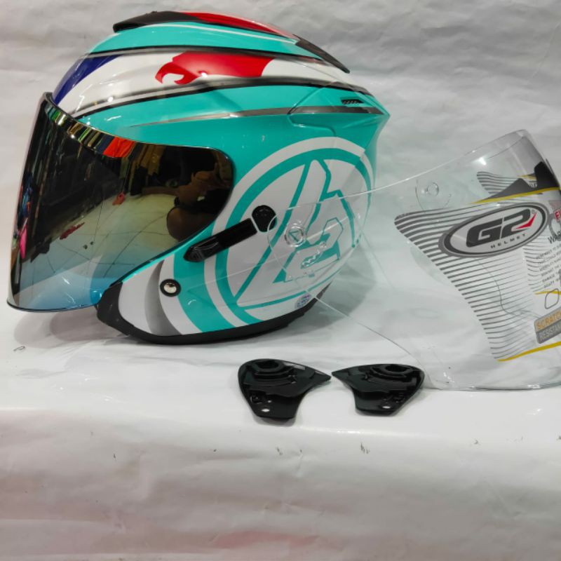 Helm G2 OPTIMAX AQUA MARIN PAKET GANTENG FLAT VISOR IRIDIUM GOLD