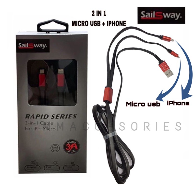 KABEL DATA PREMIUM MERK  SAILSWAY MODEL 2 IN 1 SAILSWAY USB FAST CHARGE