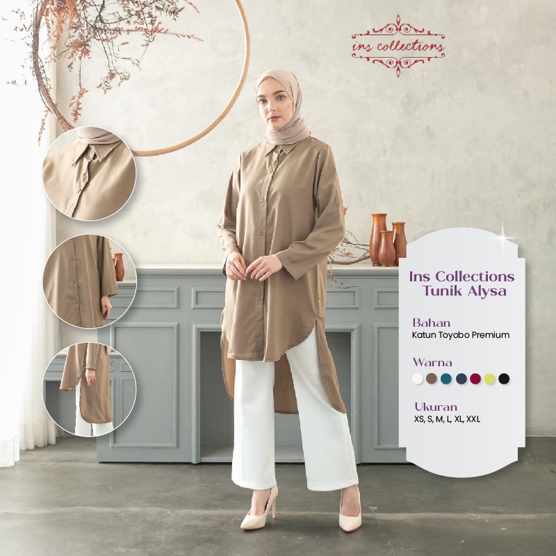 Ins Collections Tunik Alysa Baju Atasan Muslim Wanita Casual Bahan Katun Toyobo Premium Warna Navy ,