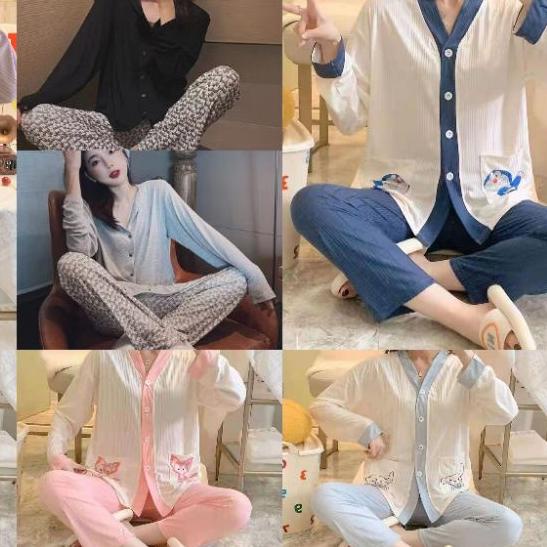 Piyama set wanita kancing import Rib onesize lengan panjang