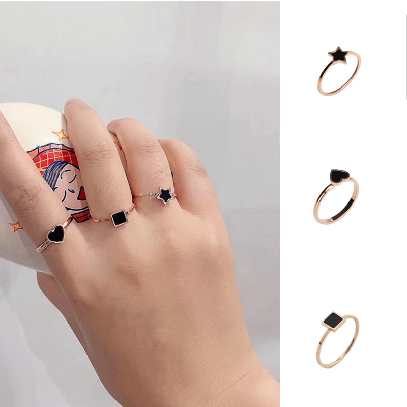 Cincin Titanium Lapis Rose Gold 18K Bentuk Kotak / Hati / Bintang Untuk Wanita