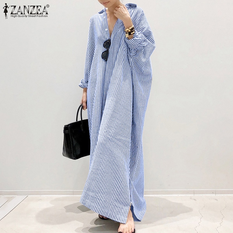 ZANZEA Women Fashion Casual Stripe Printed Button Down Split Hem Maxi Shirt Dress