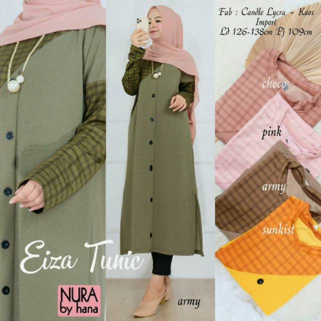 Eiza tunik polos button kombinasi motif kotak