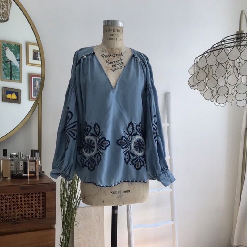 Madison Square - Floral Embroidery Vneck Ethnic Vintage Boho Blouse