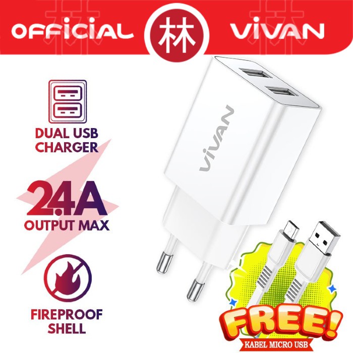 Vivan DD02 12W Dual Port USB Charger 2.4A With Data Cable Micro USB