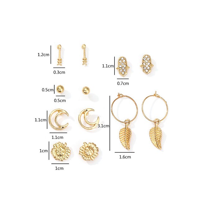 LRC Anting Tusuk Fashion Gold Alloy Sun Moon Leaf Earrings F75597