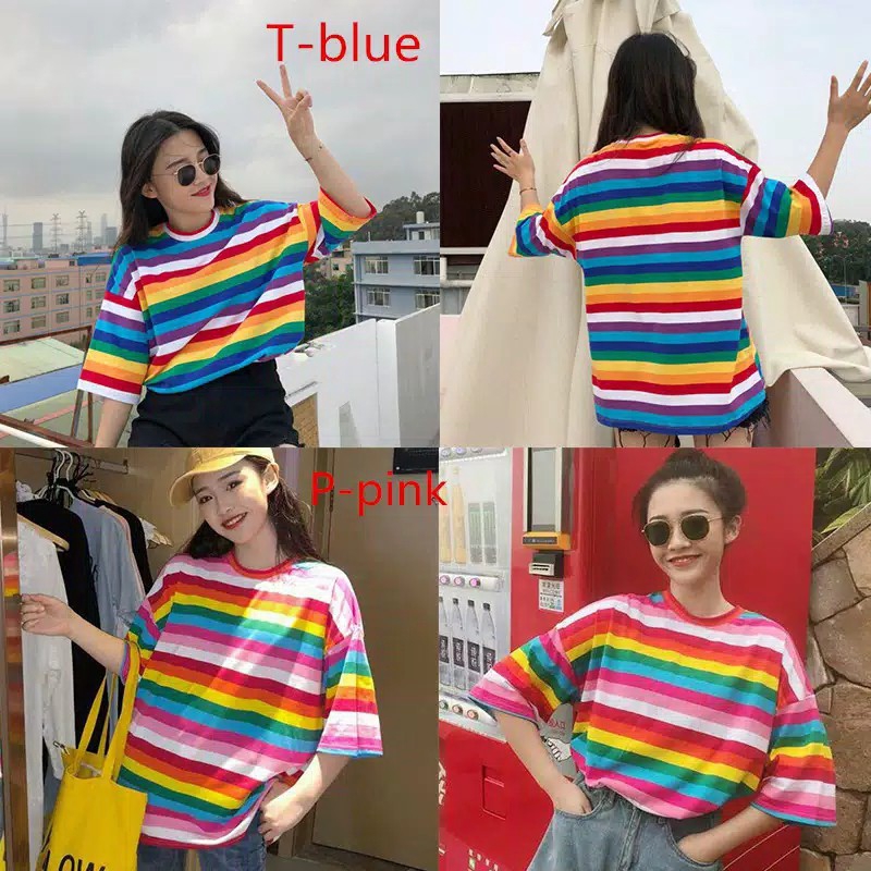 KAOS T-SHIRT O-NECK MOTIF GARIS PELANGI SWEET CANDY RAINBOW