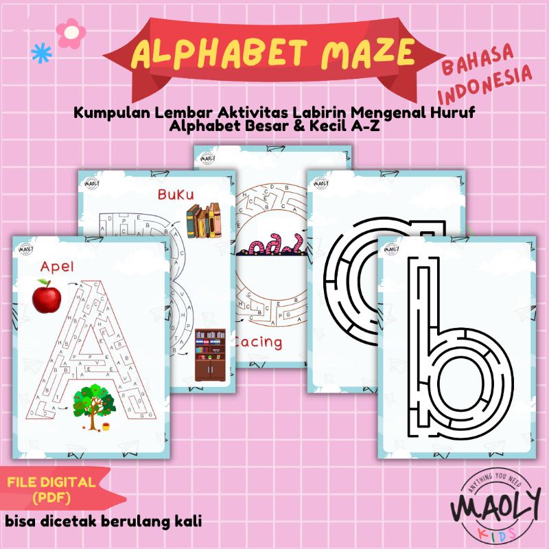 Alphabet Maze Labirin Mencari Jejak Belajar Berhitung Mengenal Angka Huruf Menggambar Mewarnai Worksheet Lembar Kerja Anak PAUD/TK Edutoys Mainan Edukasi Printable