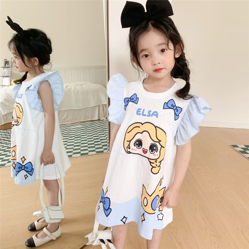 [PRINCESS KESLI] SIZE(90-140)Kaos Dress Anak Perempuan Bayi Putri Kartun  Anak Cewek Gaun Berusia 1-8 Tahun Kaos Snow White Frozen Elsa