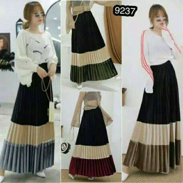 R50HK Rok Plisket Velvet 3tone 3warna / FLARE MIDI SKIRT VELVET / Rok bludru long skirt import