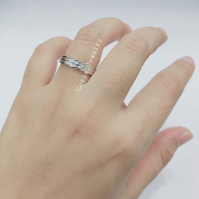 Cincin Perak Asli Pria Wanita Silver 925 Lapis Emas Putih Model Ukiran+Dop putih Cincin Pasangan , Couple - Perhiasan Perak Asli