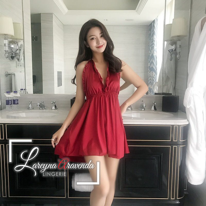 Set Lingerie Jumbo + G String Seksi Model Babydoll Satin V Neck LG129