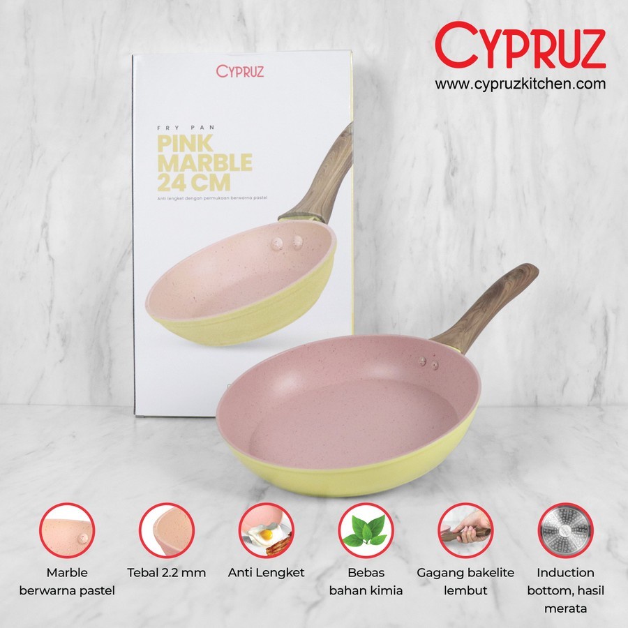 Wajan Penggorengan Fry Pan Anti Lengket Pink Marble Ceramic Induction Induksi Warna Cypruz 24CM