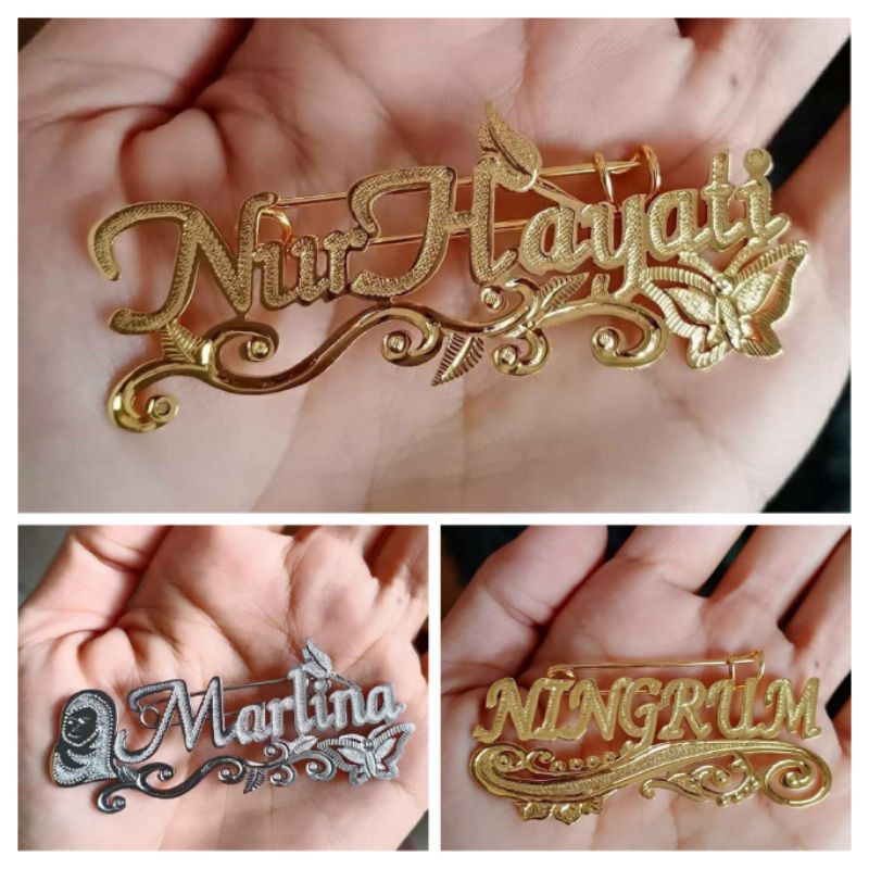 Bros nama cantik/bros pin huruf tempah nama /bros custom /bros ukir nama lapis emas ( COD )