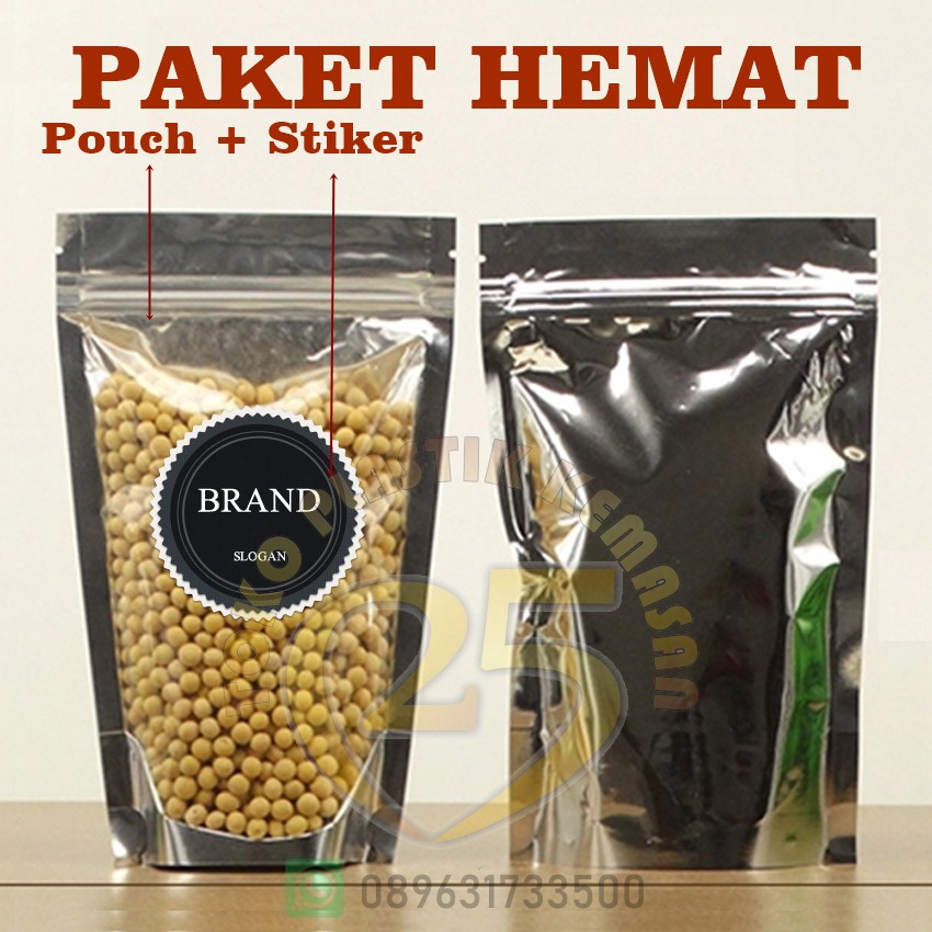 

PROMO Kemasan Pouch Transzmet + Stiker Label Custom Brand Logo Tempelan Plastik Stand Up Kombinasi