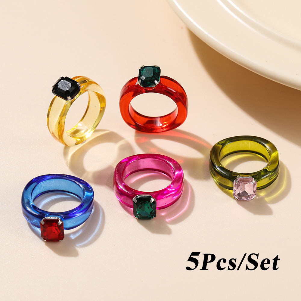 AY(CN) Set Cincin Berlian Resin Bentuk Buah Warna-Warni Gaya Korea Untuk Wanita