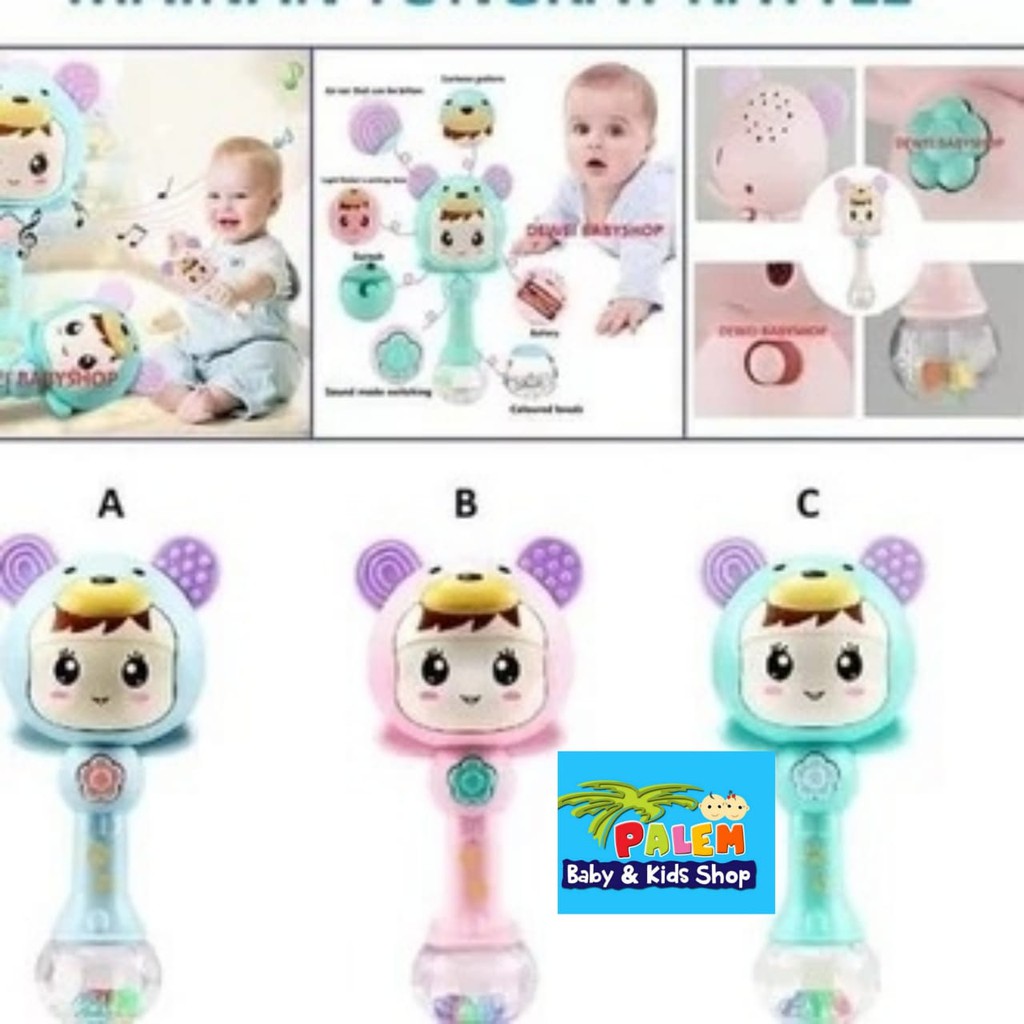 Mainan baby Molar Rattle drum 3in1 musik dan Lampu usia 0+bulan dan 18m+