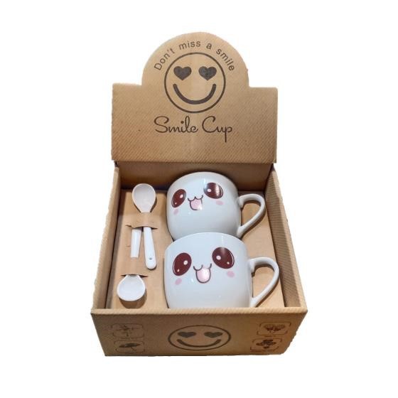 OSM - H844 (2PCS)Cangkir Keramik Set Sendok / Gelas Motif Emoji & Angka Love / Cangkir Karakter Unik-Emoji Mata Bulat