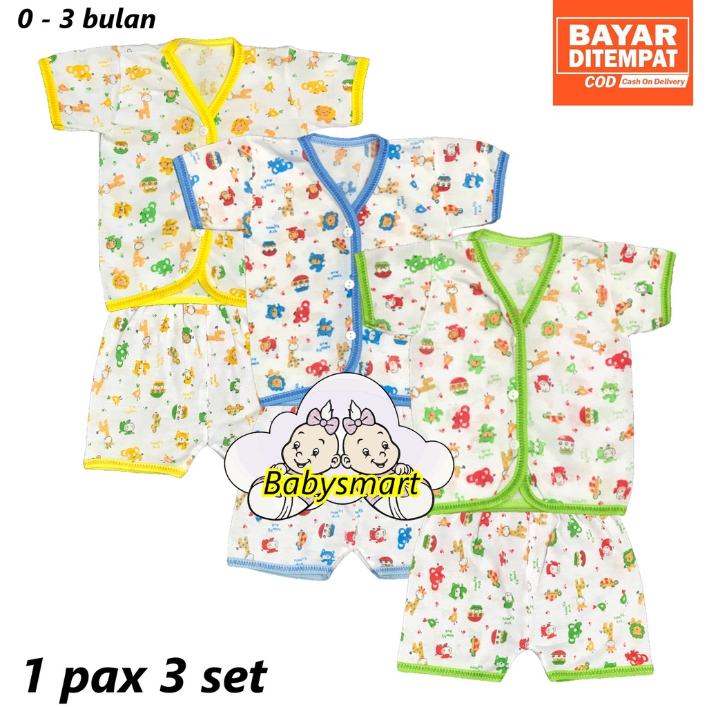 Babysmart - 3 SET Setelan Baju Bayi Pendek+Celana Pendek Motif TABUR umur 0-3 bulan/baju anak laki-laki/perempuan