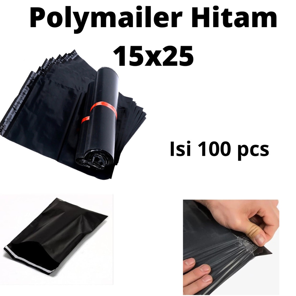 Polymailer uk 15x25 (100pcs) Plastik Packing Lem Hitam, Plastik Lem