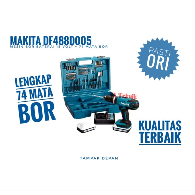 Bor cas Baterai 18 Volt Makita DF488D005 cordless drill + 74 mata bor DF 488 13 mm