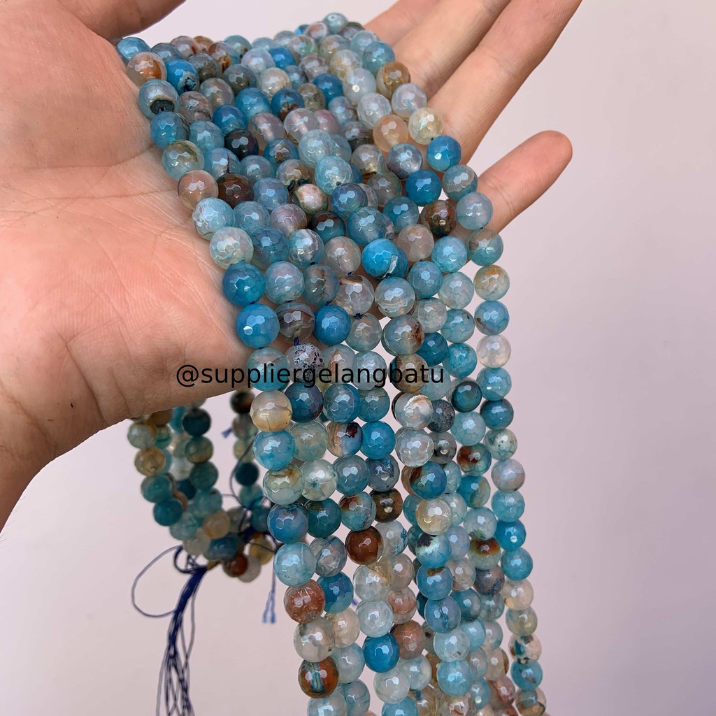 batu aquamarine serat FACETED BEADS 8mm cutting bahan gelang kalung