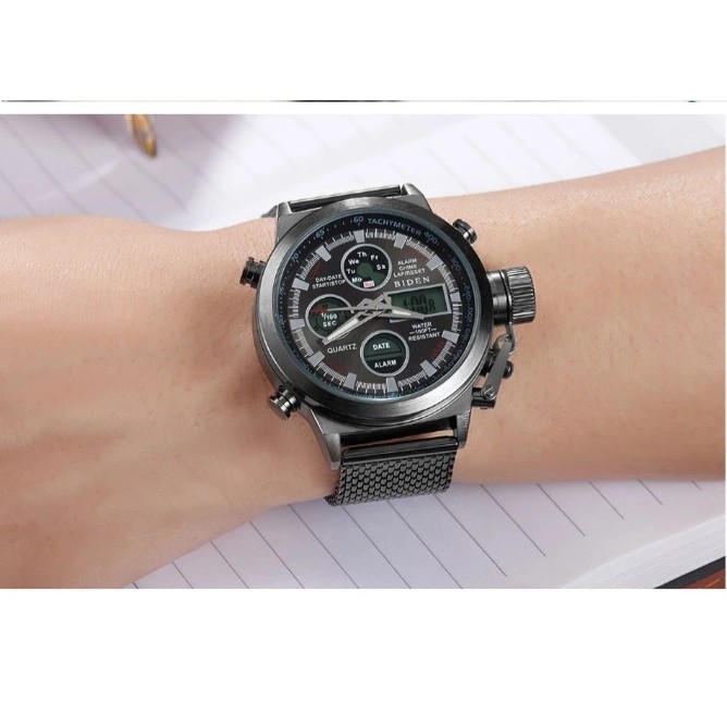 JAM TANGAN PRIA BIDEN 0031 DUAL WATCH LED DIGITAL ANALAOG QUARTZ TALI STRAP STAINLESS STEEL IMPORT