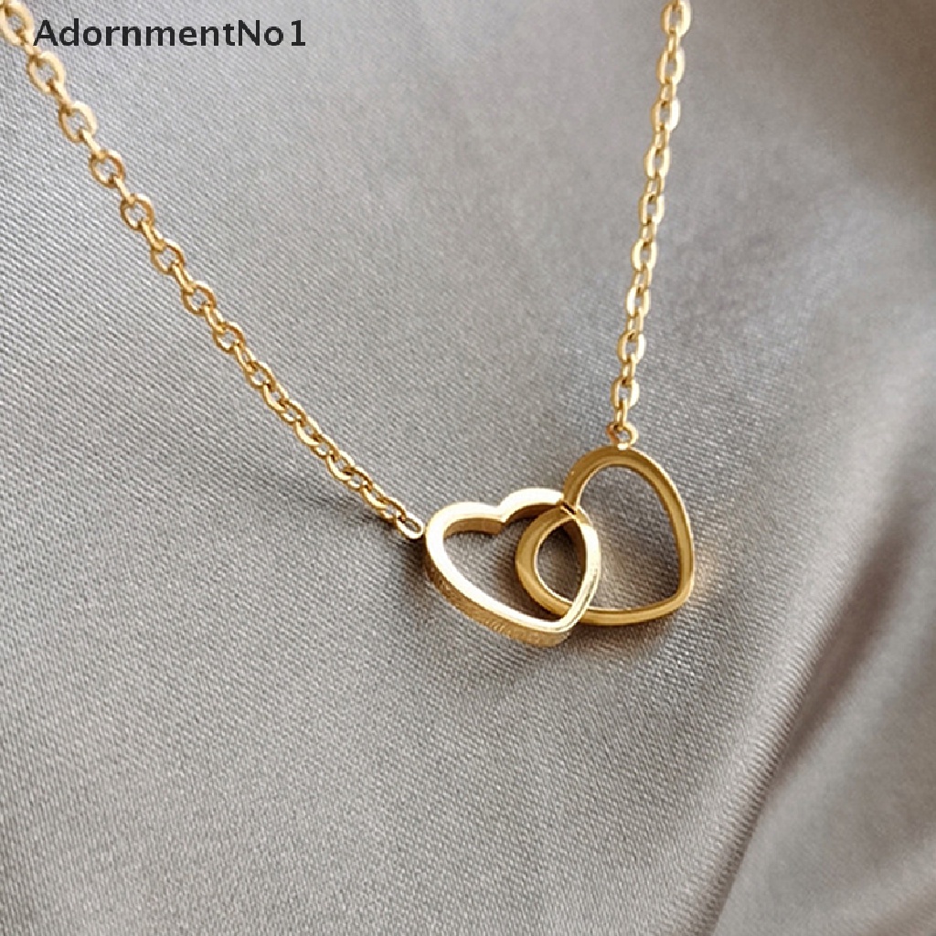 (AdornmentNo1) Kalung Rantai Dengan Liontin Hati Ganda Bahan Stainless Steel Untuk Wanita
