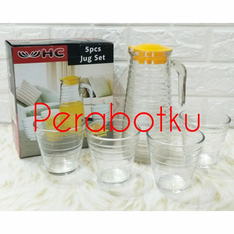 Jug Set 5 Pcs HC / Pitcher dan Gelas Kaca Set / Teko Gelas Kaca