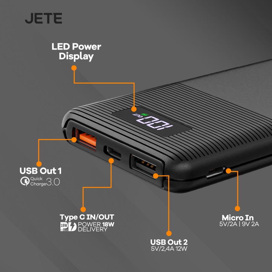 Power Bank PowerBank JETE A9 10.000 mAh LED Indicator 3 Output Type C - Garansi 2 Tahun