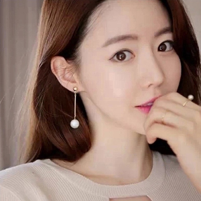 Anting kuning emas panjang mutiara bulat