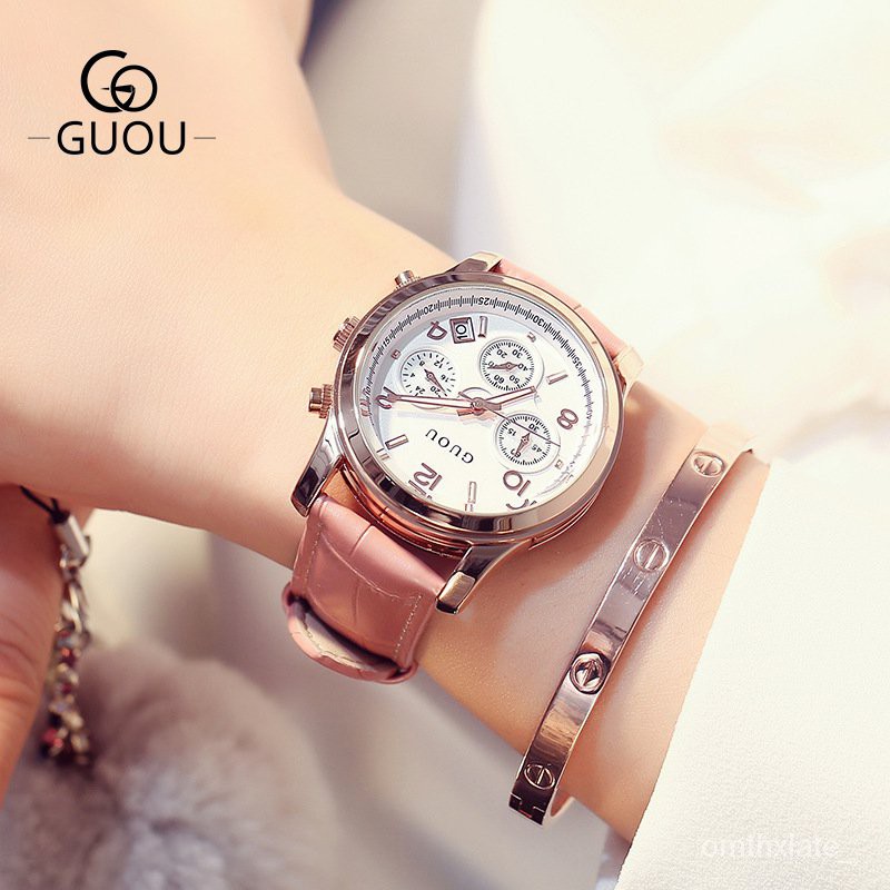 【Factory Outlet】GUOU Hong Kong Guou Jam Tangan Wanita Tiga Mata Multi-Fungsi Belt Klasik Retro Kasual Quartz Watch Wa