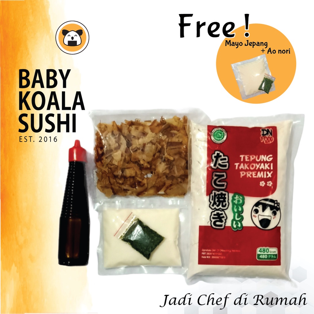 

PAKET BAHAN TAKOYAKI LENGKAP 50 Butir Halal │ Tepung, Katsuobushi, Saus Takoyaki, Aonori..