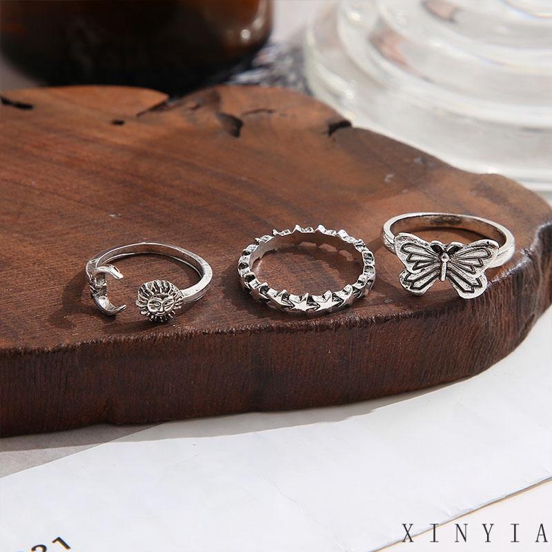 Xia.id 3pcs / Set Cincin Model Terbuka Desain Matahari + Kupu-Kupu Gaya Retro Kreatif Untuk Wanita