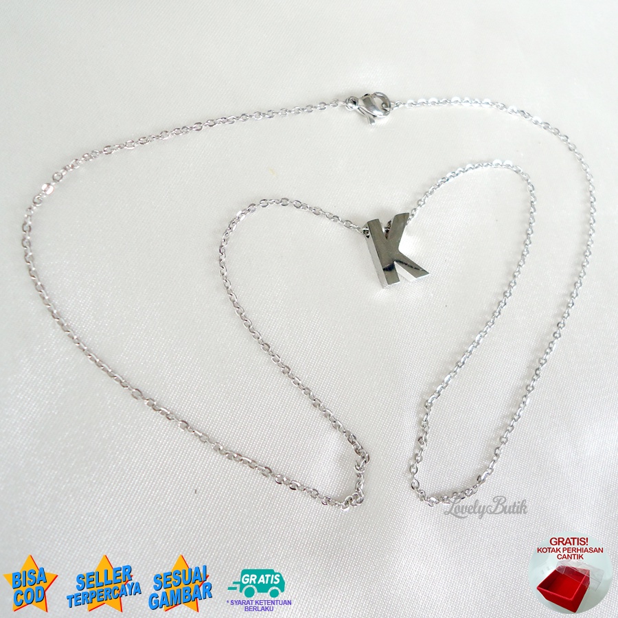 Lovelybutik Kalung Titanium Inisial Abjad Nagita 4ccent Kalung Alfabet Huruf Titanium J,K,PV,W Warna Silver Bonus Kotak Perhiasan