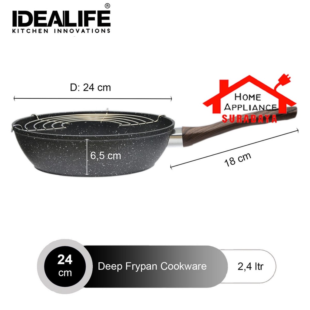 IDEALIFE Panci Penggorengan Deep Fryer Pan / Frypan Cookware + Oil Rack + Spatula + Tutup Kaca 24CM IL-24DFP / 28CM IL-28DFP