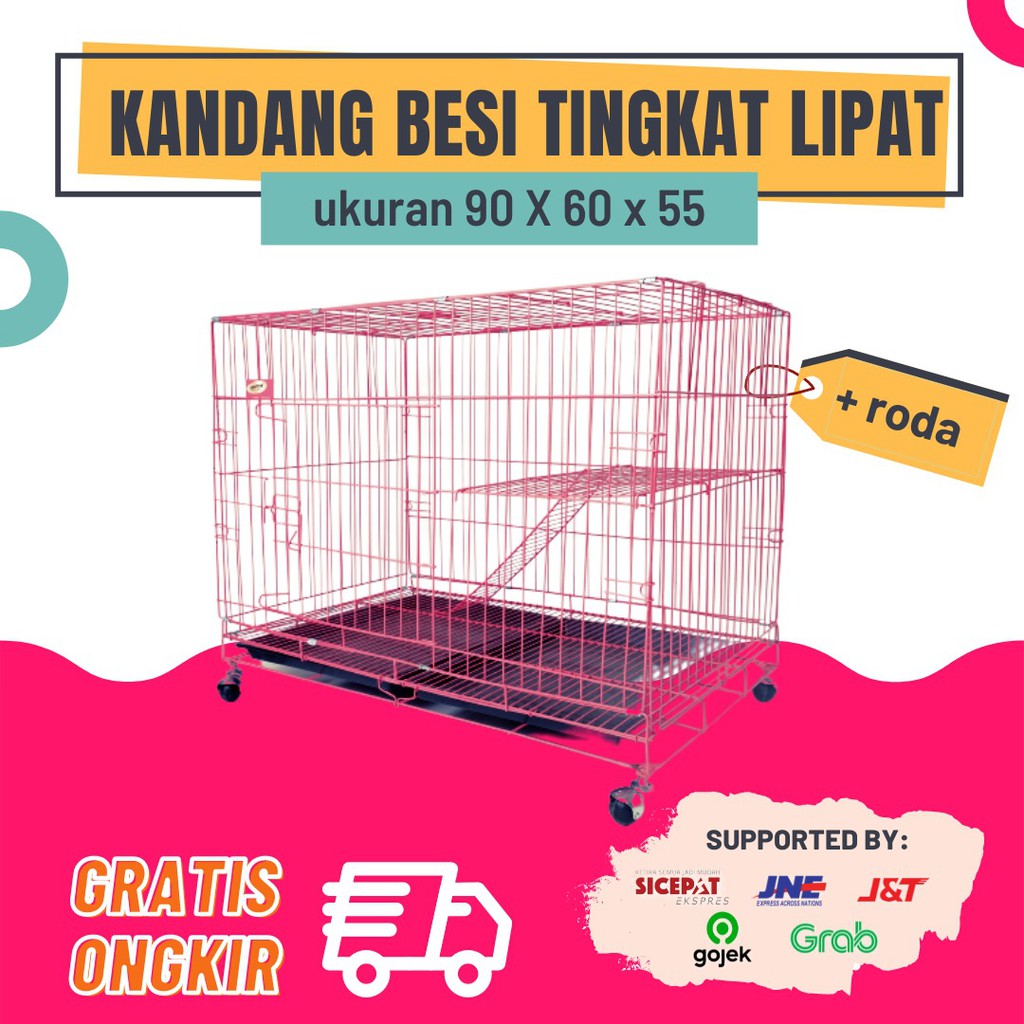 Kandang Kucing Anjing Size XL - Besi Lipat Ukuran 90x60x55cm TINGKAT + RODA Jumbo