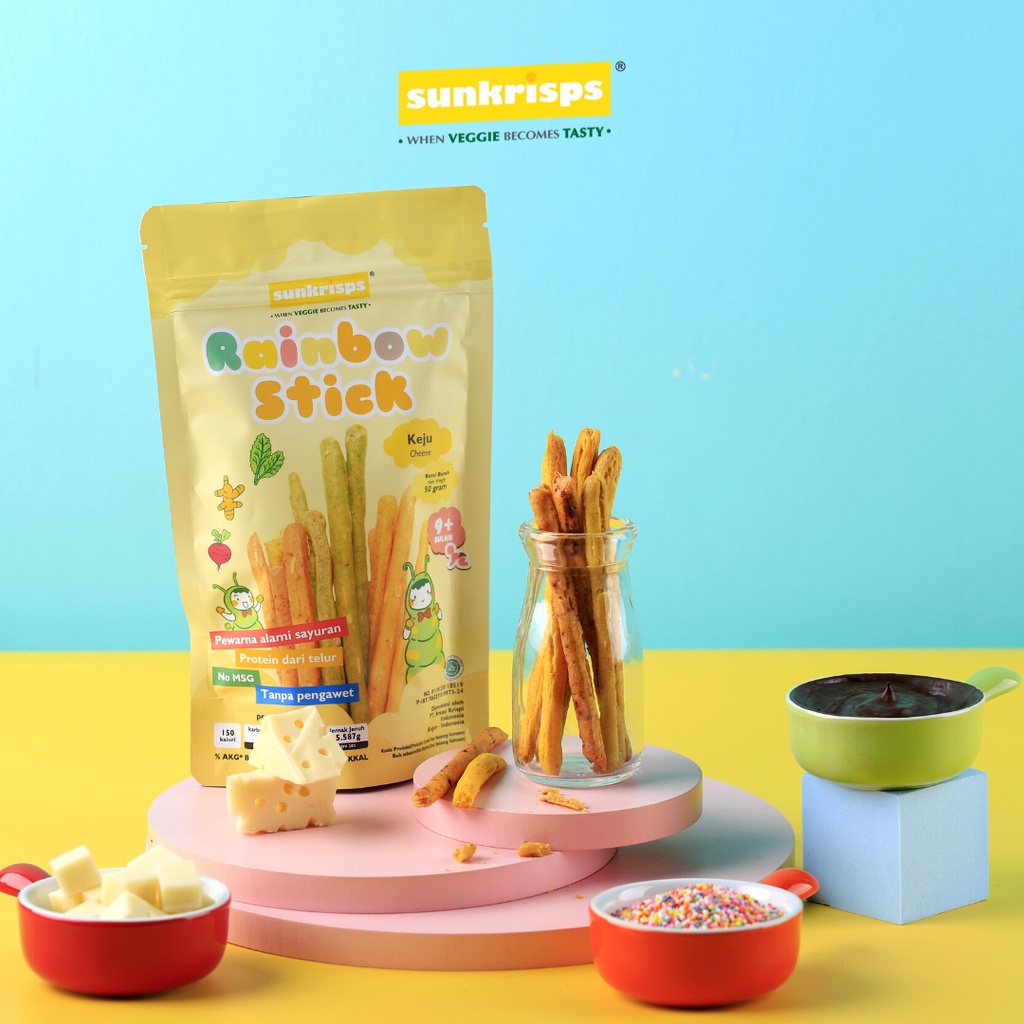 SUNKRISPS Rainbow Stick 50g - Veggie / Cheese - Snack Bayi Anak - Biskuit Stik Pelangi Rasa Sayuran - Sunkrip Stick Keju