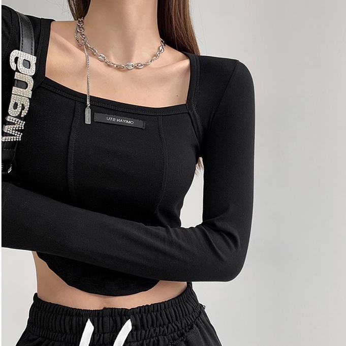 Korean Long Sleeve Square Neck Crop Tee Kaos Atasan Wanita Import Slim Top