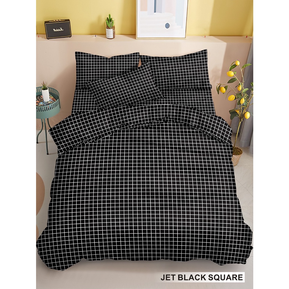 Sprei Homemade Micro Disperse Motif Minimalis Jet Black Square &amp; Moonlight Squre  Tidur Nyenyak 120 140 160 180