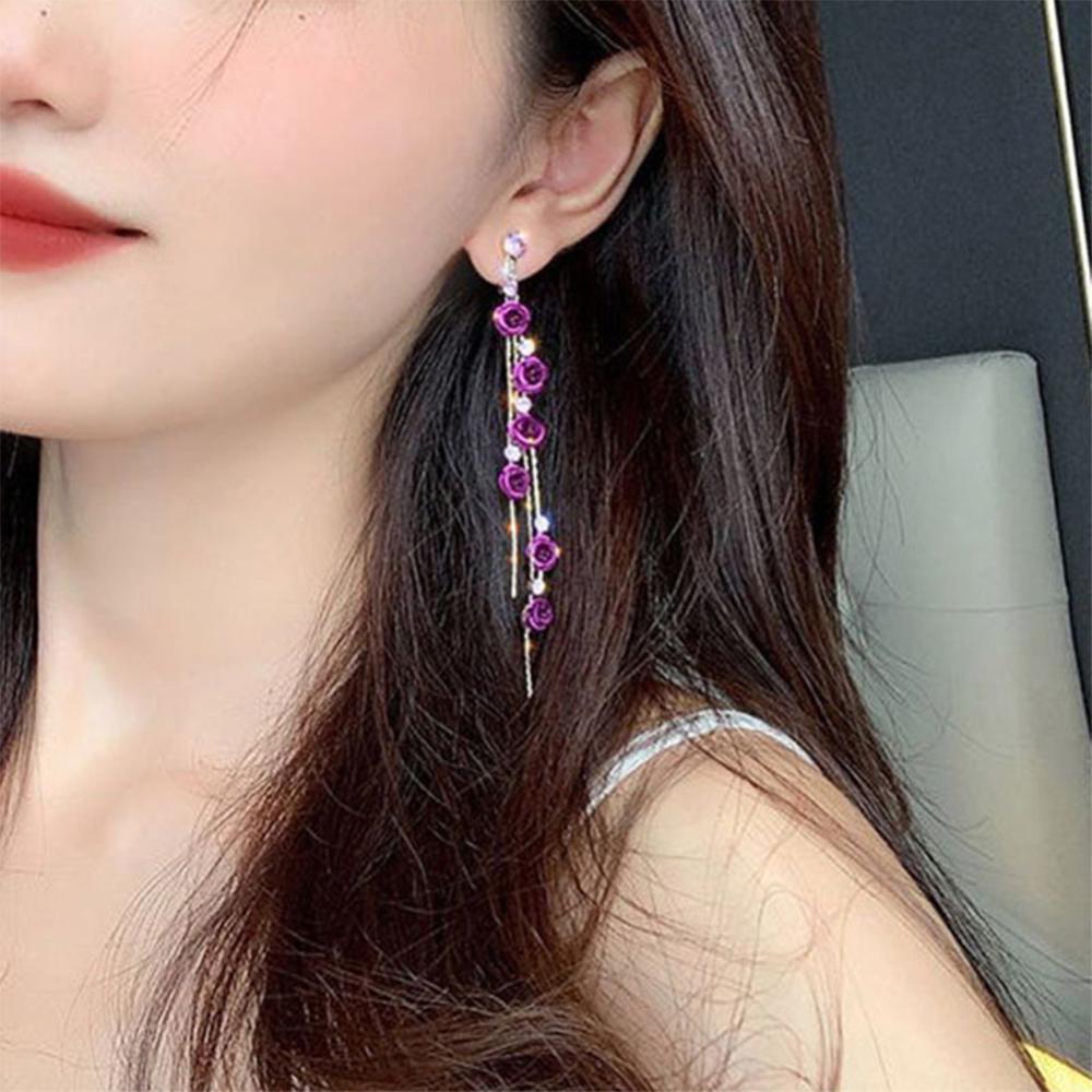 Timekey Anting Tusuk Rumbai Panjang Desain Bunga Mawar Hias Berlian Imitasi Untuk Wanita R8X6