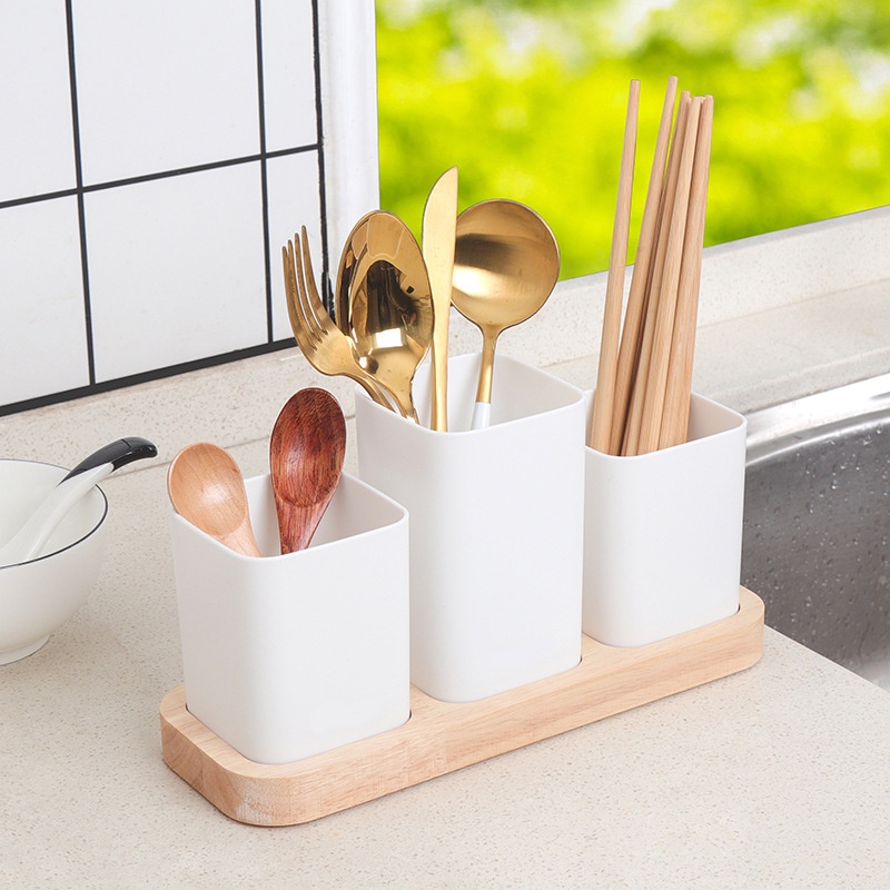 Tempat Rak Sendok Garpu Sumpit Desain Aestetik Modern Minimalis dengan Wadah Tatakan Desain Kayu Estetik Warna Putih